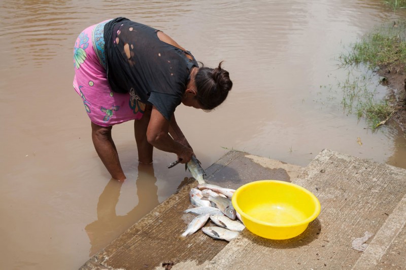 Vrouwn maakt vis schoon in de rivier, Rio Mogue, Darien, Panama Embera