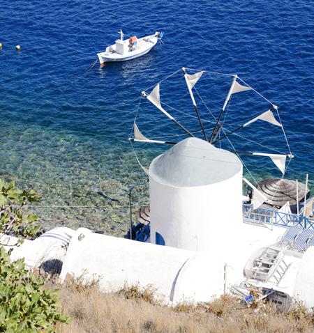 Santorini, Cycladen, Griekenland, molentje op Thirasia
