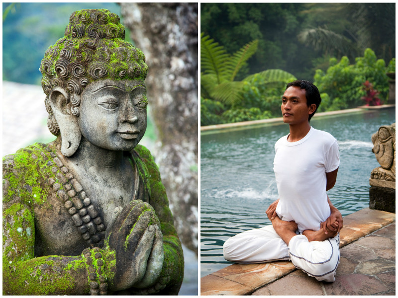 Een yoga les in het luxe Bagus Jati Resort op Bali, Indonesie