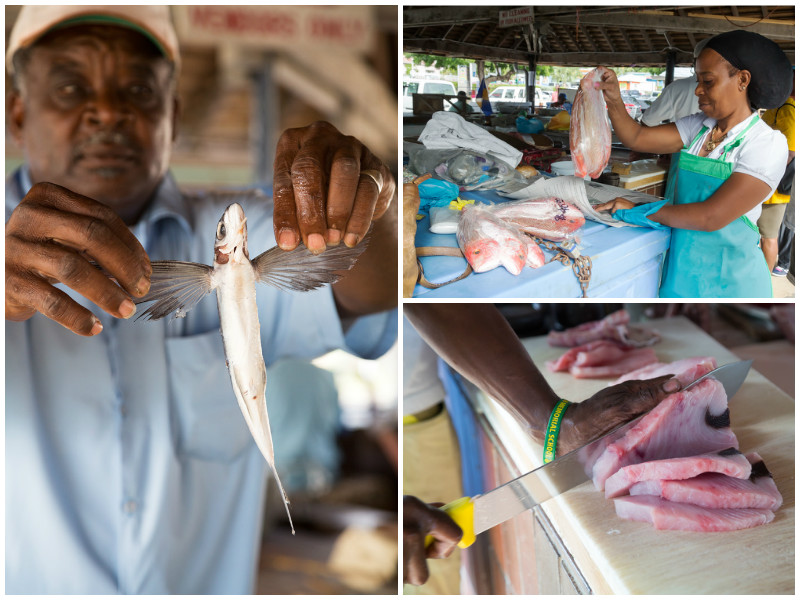 Barbados, Oistins, de plek voor goede vis, te koop op de vismarkt, te eten in vele restaurants