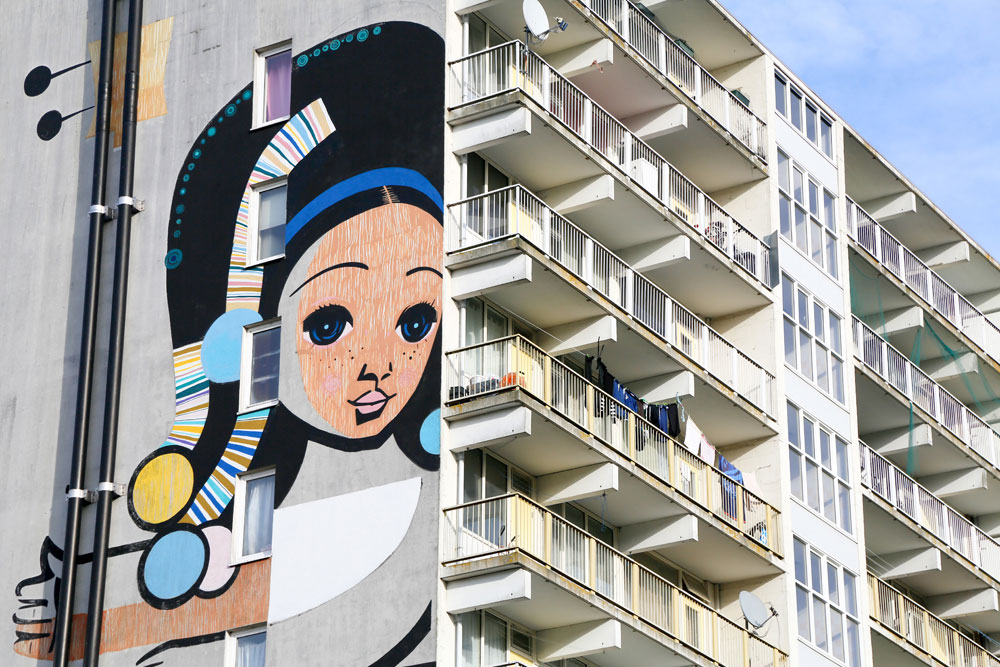 Speto schilderde het meisje op Hofgeest Oost, Amsterdam Zuidoost, street art