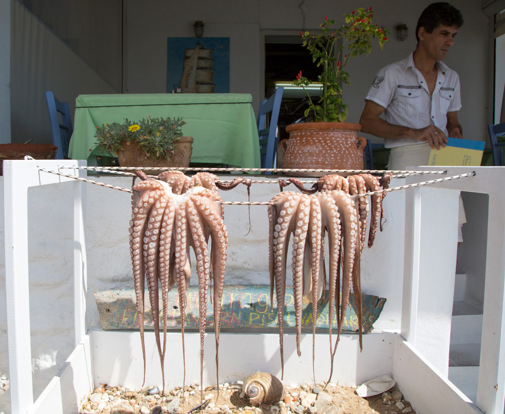 Inktvis hangt te drogen bij een restaurant in Piso Livado, Cycladen, eilandhoppen Griekenland