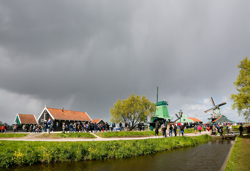 Jaarlijks bezoeken 1.6 miljoen mensen de molens op de Zaanse Schans Toeristische trekpleister De Zaanse Schans in Zaandam. Op de Kalverringdijk staan diverse nog werkende molens.,
