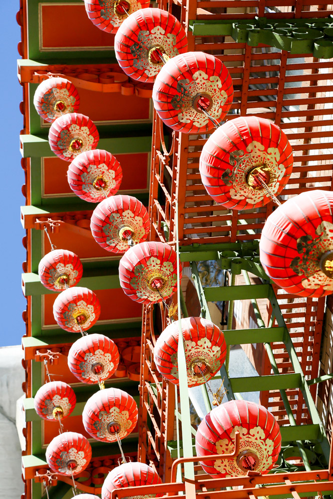 De bekende rode lampions in Chinatown, San Francisco