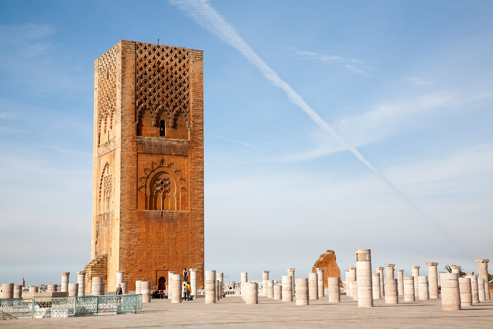 Het Hassan Complex met de nooit afgebouwde moskee in Rabat, Rondreis Marokko, koningssteden, camperrondreis,