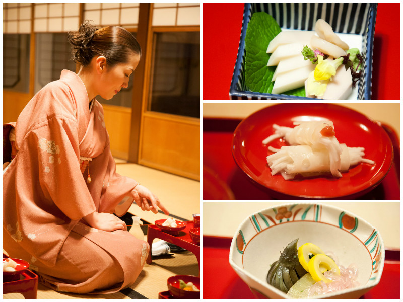 Schaaltje na schaaltje wordt geserveerd, en alles ziet er heerlijk uitEten in een Boeddhistisch eethuis in Kanazawa, rondreis Japan