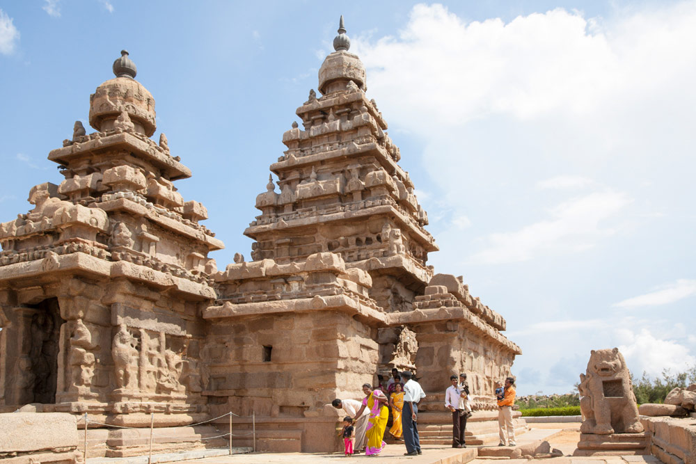De Shore Tempel, een van de bezienswaardigheden in Mamallapuram, Tamil Nadu, India