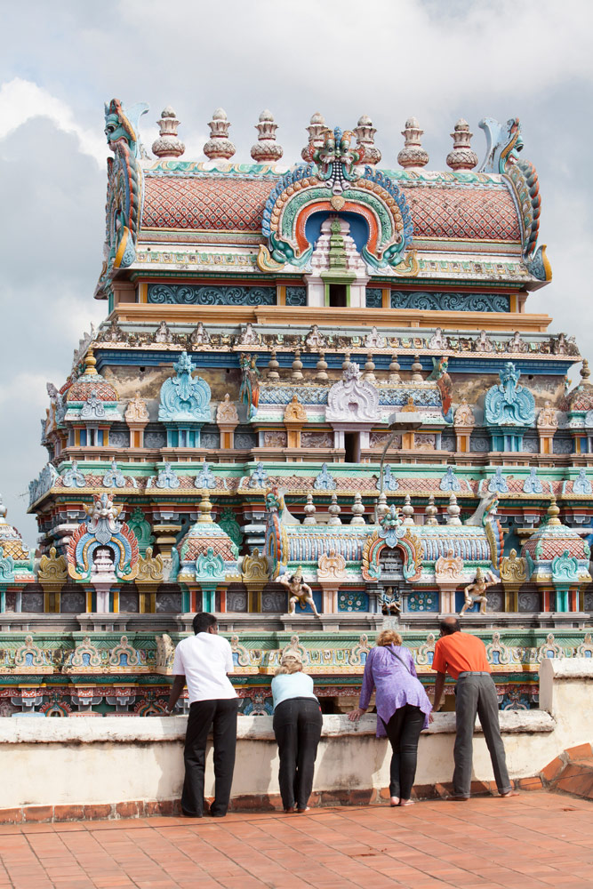 Uitzicht van bovenaf op het tempelcomplex in Tiruchirappalli of Trichy, Tamil Nadu, India