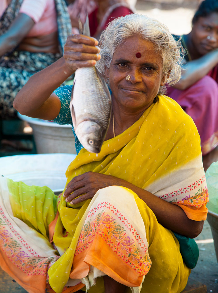 Een marktje in een dorpje onderweg Onderweg tussen Pondicherry en Tanjore, Tamil Nadu, India