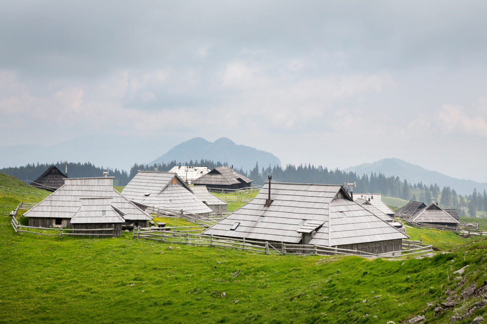 Overzicht over de traditionele herdershutten van Velika planina, Wandelen op het plateau Velika planina nabij de stad Kamnik in Slovenie