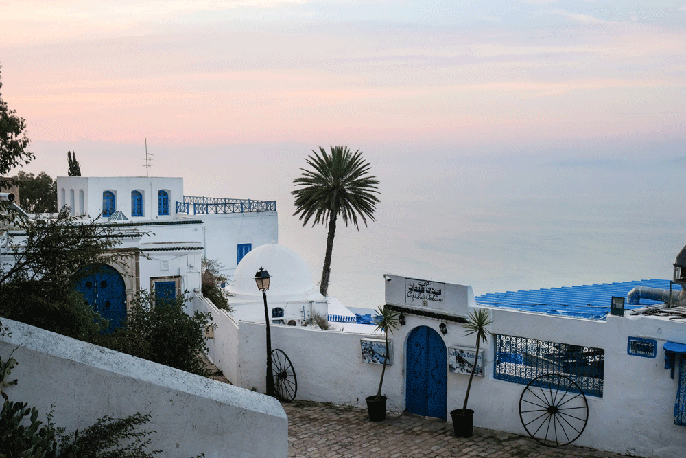 Vakantie Tunesie, Sidi bou Said - Zonsopgang bij café des Délices waarover Patrick Bruel zong