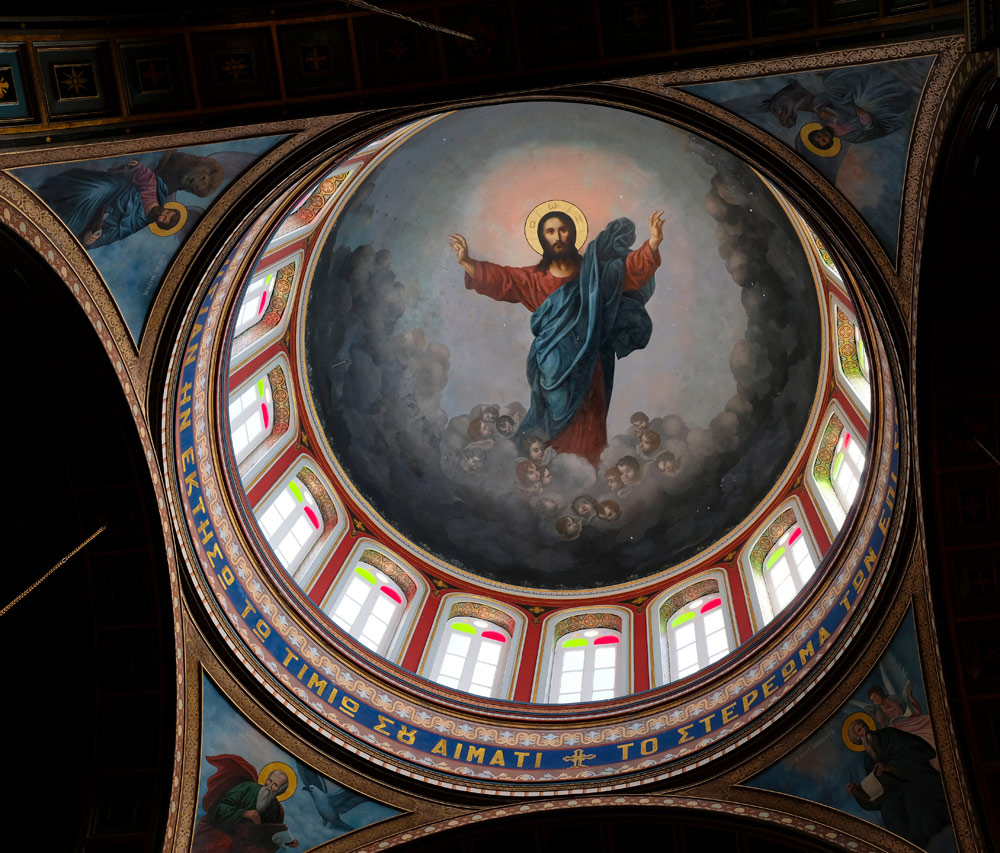 Schildering in de koepel van de Sint Nicholaas kerk op Syros. Vakantie Syros, Griekenland, eiland, Cycladen.
