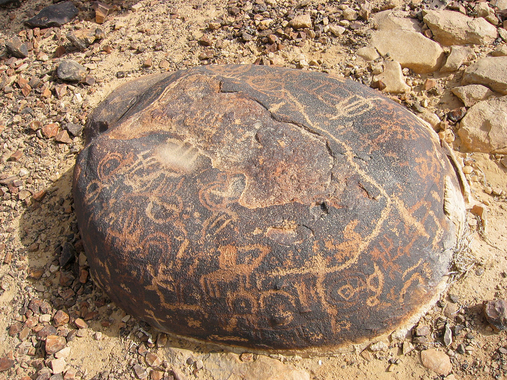 Tekeningen op stenen van oude beschavingen. Rondreis Negev woestijn, Israel