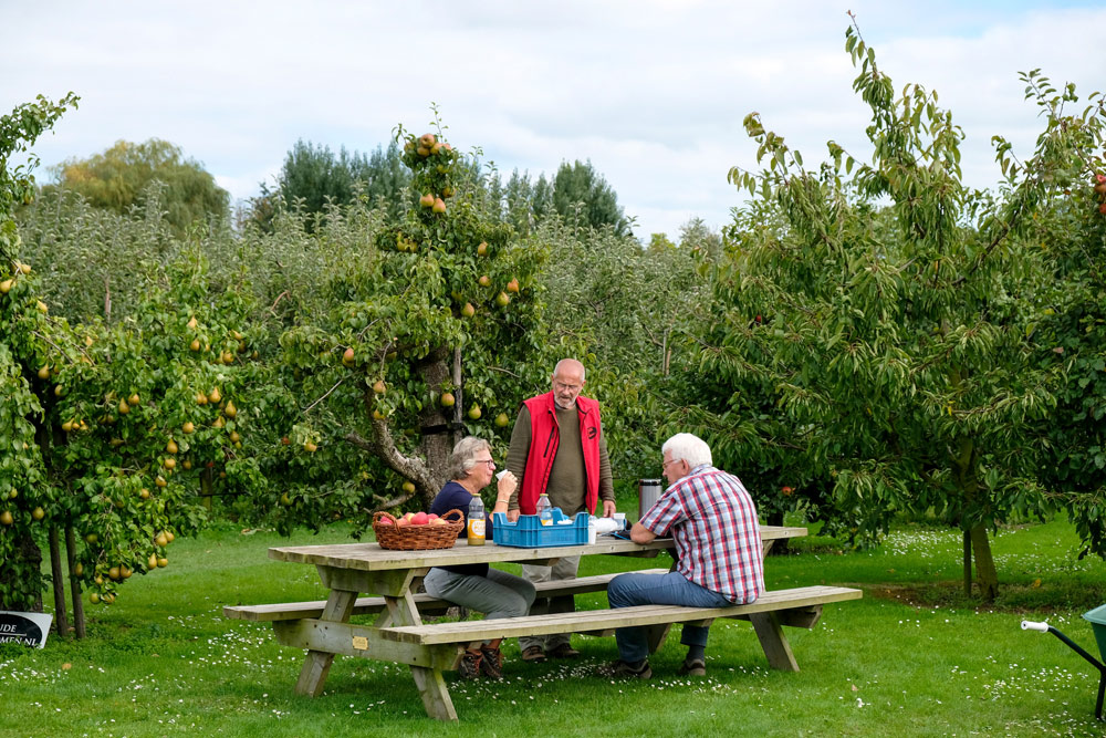 Vink maakt ook sap van het fruit, geen betere plek om dat te proeven dan tussen de fruitbomen. Wandelen en fietsen in Flevoland