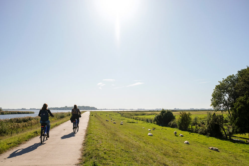 Fietsen over de dijk langs het Zwarte Meer in Flevoland. Wandelen en fietsen in Flevoland, Noordoostpolder